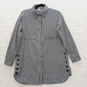 Tunic Blouse Top Long Sleeve Black Gingham Lagenlook Pocket Goth Prepppy Size M